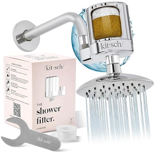Kitsch Shower Head Filter for Hard Water – Shower Water Filter with KDF-55 & Calcium Sulfite, Shower Filter to Reduce Chlorine & Impurities, Water Softener for Healthier Hair & Skin - Chrome