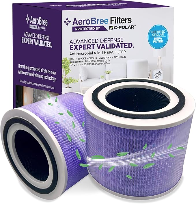 Medical Grade C-POLAR™ Protective Coating Core 300 Durable Replacement Filter for LEVOIT Core 300/300S/P350 Air Purifier, 4-in-1 HEPA Filter, Purple, 2-Pack, Smoke, Dust, Pet, Baby