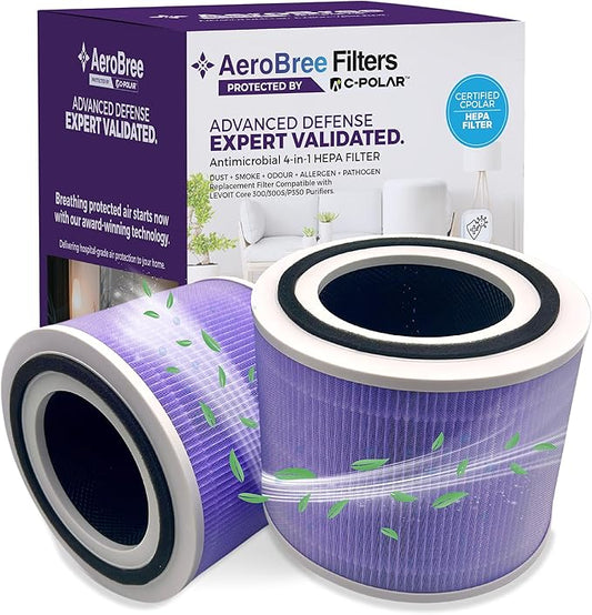 Medical Grade C-POLAR™ Protective Coating Core 300 Durable Replacement Filter for LEVOIT Core 300/300S/P350 Air Purifier, 4-in-1 HEPA Filter, Purple, 2-Pack, Smoke, Dust, Pet, Baby