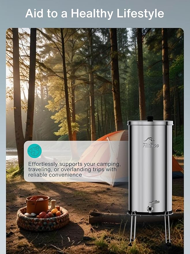 Countertop Gravity Water Filter System - 3.17 Gal/12L | 304 Stainless Steel | Gravity-Fed Water Purifier with 2 Fluoride & Chlorine Reduction Ceramic Cartridges | Also Removes Bacteria & Heavy Metals