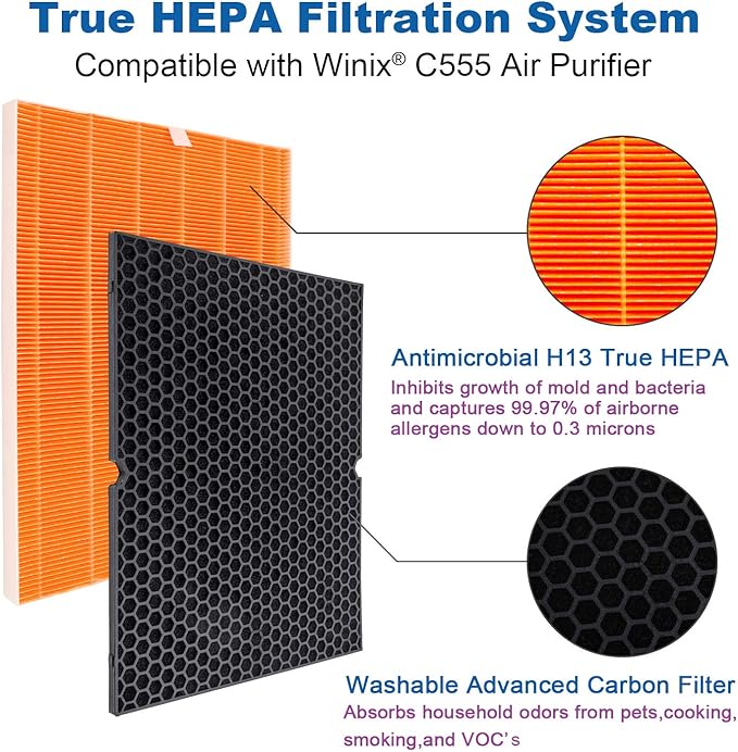 Flintar 116131 Replacement Filter I, Compatible with Winix C555 Air Purifier, H13 Grade Filtration and Washable Advanced Carbon Filter, 1-Pack