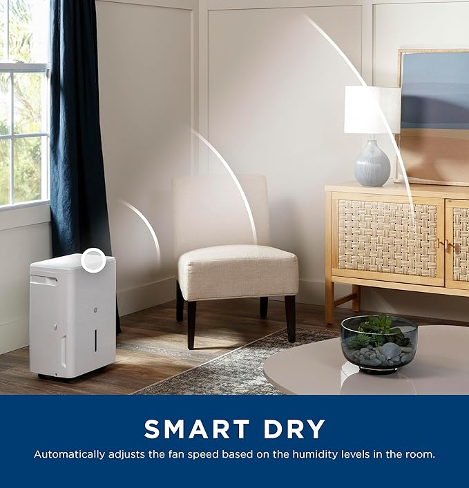 GE Portable Dehumidifier, 50 Pint Daily Output with Smart Dry for Wet Spaces, Drain Hose for Auto or Manual Drainage, Ultra Quiet, Perfect for Basement, Bedroom, Bathrooms, White