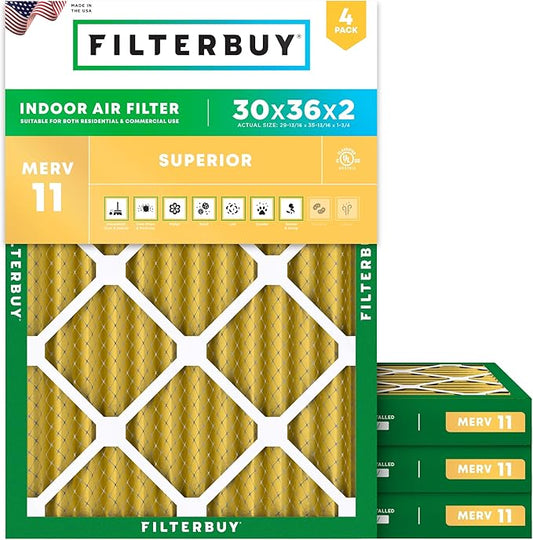 Filterbuy 30x36x2 Air Filter MERV 11 Superior Pet & Allergy Defense (4-Pack), Electrostatic Pleated HVAC AC Furnace Filters Replacement (Actual Size: 29.81 x 35.81 x 1.75)