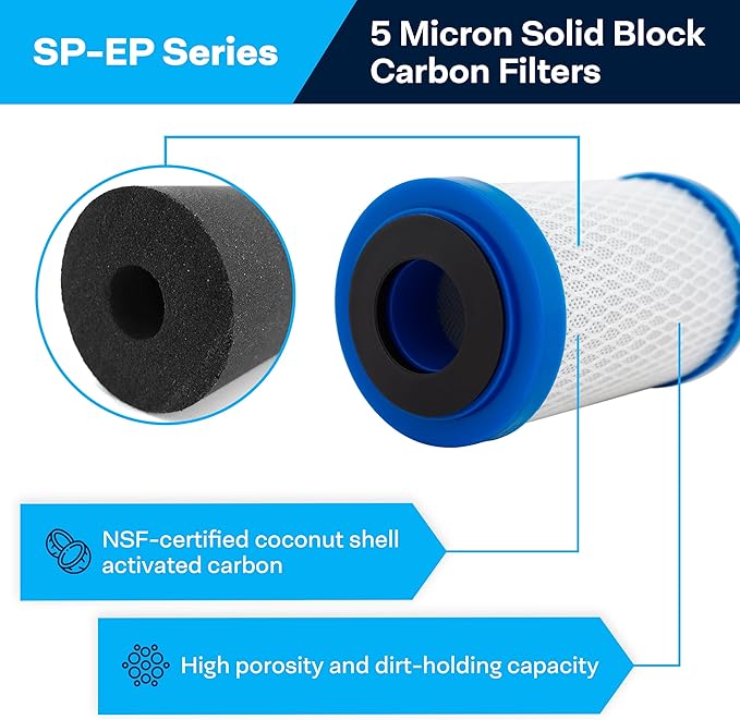 SpiroPure SP-EP-5 5x2.5 5 Micron NSF Certified Coconut Shell Carbon Block Water Filter Cartridge EP-5 255424-43 CB-25-0505 (Case of 24)