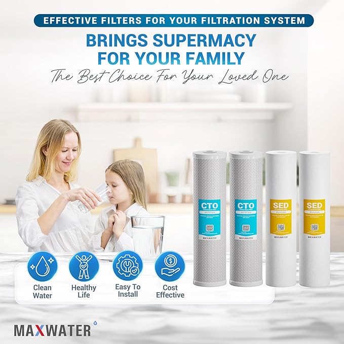 Max Water 5 Micron 20 x 4.5 Whole House Water Filter Cartridges - 20" Polypropylene Sediment, CTO Carbon Block Replacement Filter Set of 4 Compatible with WGB22B
