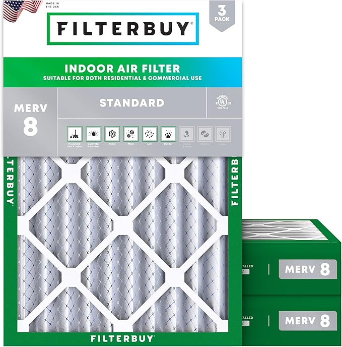 Filterbuy 14x20x4 Air Filter MERV 8 Essential Dust & Allergy Defense (3-Pack), Electrostatic Pleated HVAC AC Furnace Filters Replacement (Actual Size: 13.50 x 19.50 x 3.63)