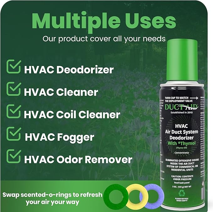HVAC Air Deodorizer & Mold Treatment Fogger 3-Pack with 3 Scented O-Ring Pads | Air Duct Freshener for HVAC & AC Vents | Plant-Based Thymol Fogger for Home, Car & Commercial Spaces