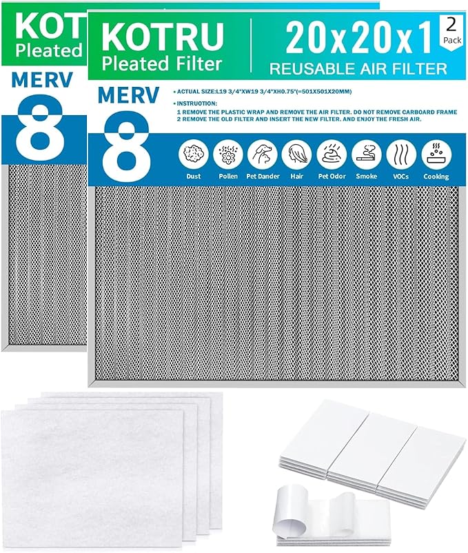 20x20x1 Reusable Air Filter Kit: Includes 4 replaceable MERV 13 filter pads and MERV 8 electrostatic aluminum mesh filter, suitable for HVAC and fireplace systems (2-Pack)