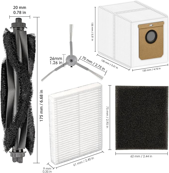 (7 Pieces) Replacement Parts Compatible with eufy L60, L60 Hybrid, L60 SES, L50 SES, L50 Series Robot Vacuum, Accessories Kit, 1 Roller Brush, 2 HEPA & Foam Filters, 2 Side Brushes, 2 Dust Bags