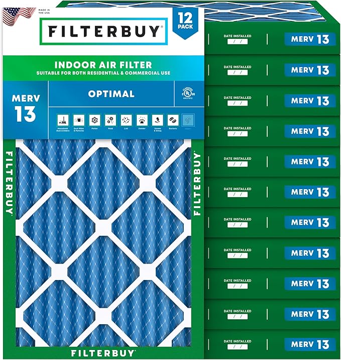 Filterbuy 14x30x2 Air Filter MERV 13 Optimal Smoke & Allergy Defense (12-Pack), Electrostatic Pleated HVAC AC Furnace Filters Replacement (Actual Size: 13.50 x 29.50 x 1.75)