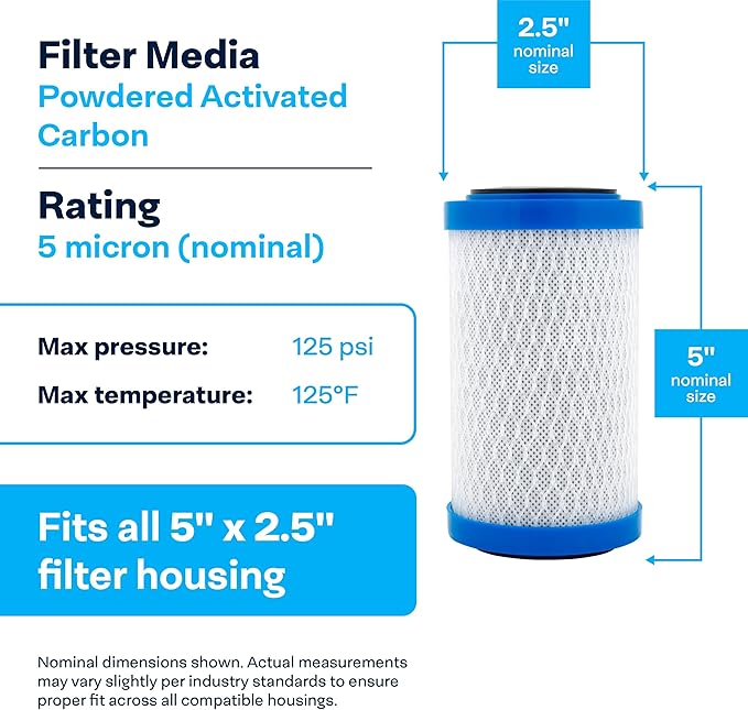 SpiroPure SP-EP-5 5x2.5 5 Micron NSF Certified Coconut Shell Carbon Block Water Filter Cartridge EP-5 255424-43 CB-25-0505 (Case of 24)