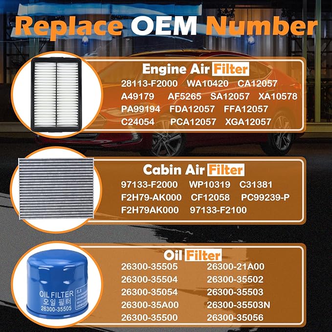 Kefly 28113-F2000 Engine Air Filter & 26300-35505 Oil Filter & 97133-F2000 Cabin Air Filter Fits for 2017-2020 Hyundai Elantra, 2019-2023 Kia Forte, 2020-2023 Forte5