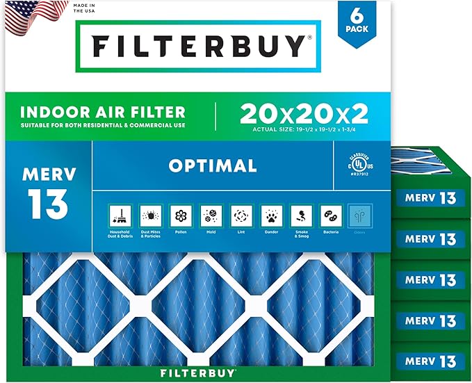 Filterbuy 20x20x2 Air Filter MERV 13 Optimal Smoke & Allergy Defense (6-Pack), Electrostatic Pleated HVAC AC Furnace Filters Replacement (Actual Size: 19.50 x 19.50 x 1.75)