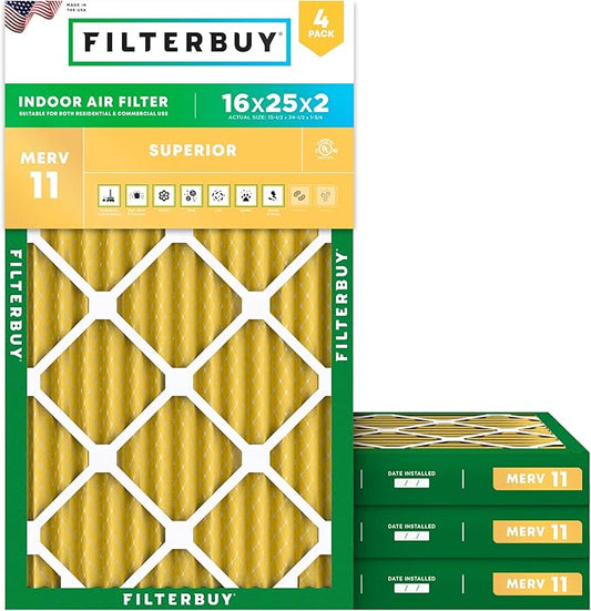 Filterbuy 16x25x2 Air Filter MERV 11 Superior Pet & Allergy Defense (4-Pack), Electrostatic Pleated HVAC AC Furnace Filters Replacement (Actual Size: 15.50 x 24.50 x 1.75)