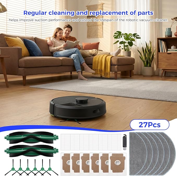 27 Pcs Replacement Parts for iRobot Roomba 104Combo/105 Vac/ 105 Combo/ Q052/ Q0520 Robot Vacuum, Include 2 Main Brushes, 6 Dust Bags, 6 Mop Pads, 6 Filters, 6 Side Brushes and 1 Cleaning Brush
