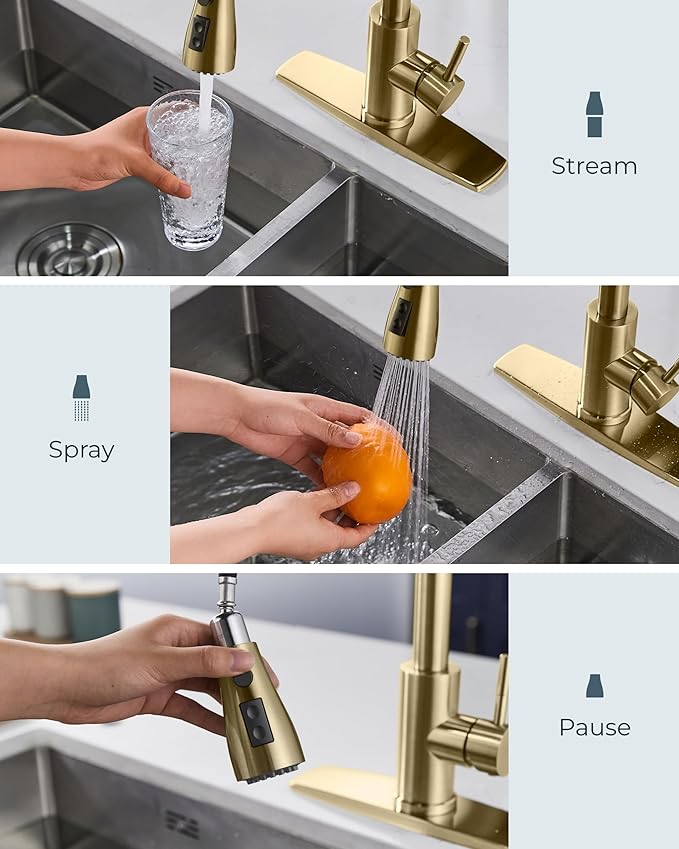 FORIOUS Gold Kitchen Faucet with Pull Down Sprayer, Bar High Arc Single Handle Traditional 3 Modes Stainless Steel Faucet for Kitchen Sink Farmhouse RV Laundry Camper