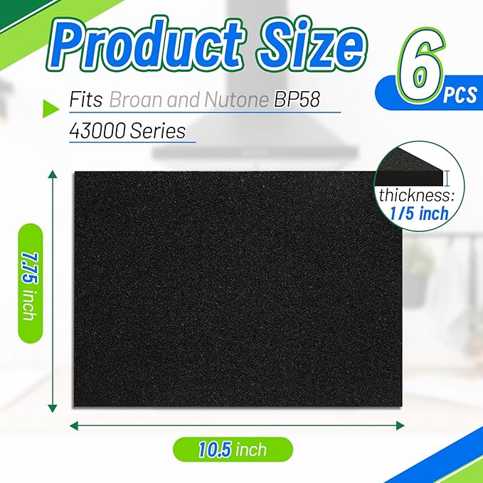 Range Hood Charcoal Filter 7.75" x 10.5" - Fits Broan and Nutone BP58 43000 Series Range Hoods Filter Replacement Insert Carbon Filter for Eliminates Cooking Odors (6-Pack)