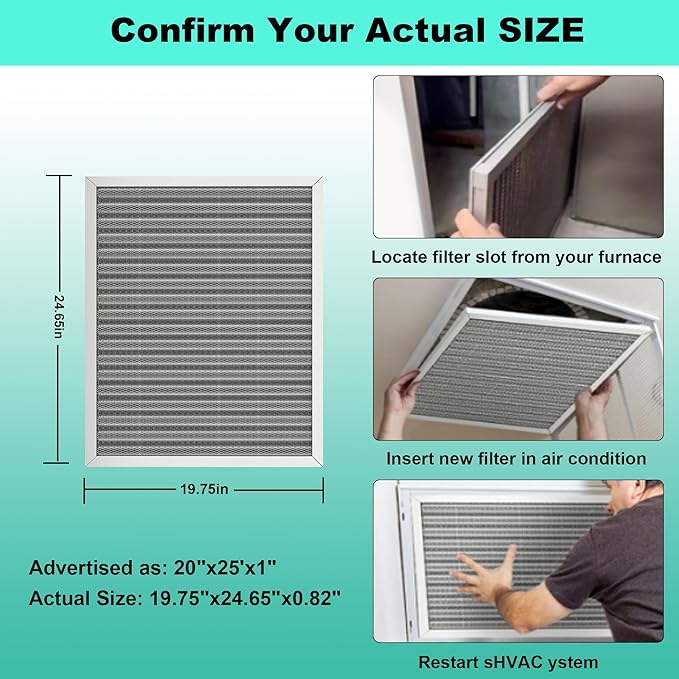 (2 Pack) 20x25x1 Reusable Air Filter, Washable Filter, Electrostatic, MERV 8, Lasts a Lifetime-HVAC AC Furnace Systems Air Filter (Actual Size: 19.75x24.65x0.82Inch)
