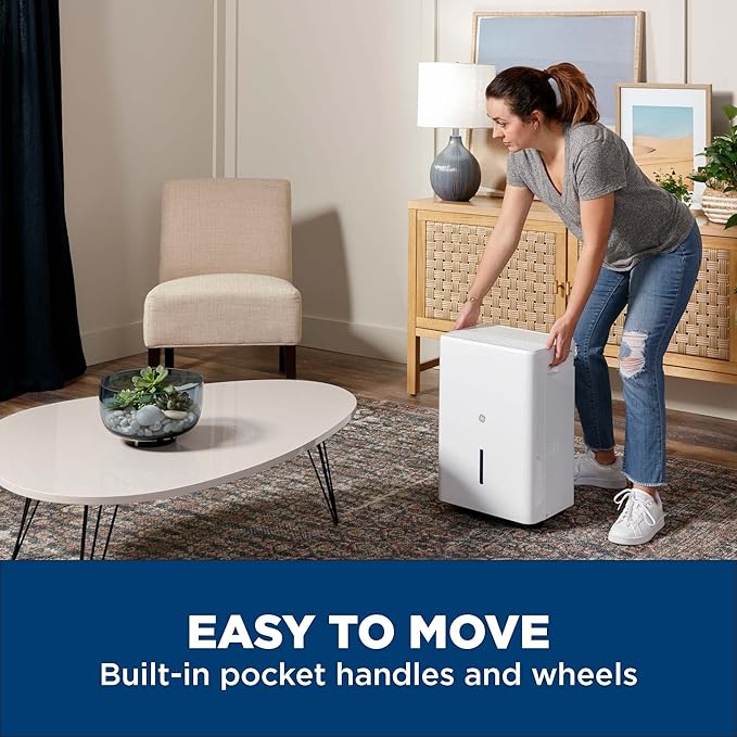 GE Portable Dehumidifier, 50 Pint Daily Output with Smart Dry for Wet Spaces, Drain Hose for Auto or Manual Drainage, Ultra Quiet, Perfect for Basement, Bedroom, Bathrooms, White