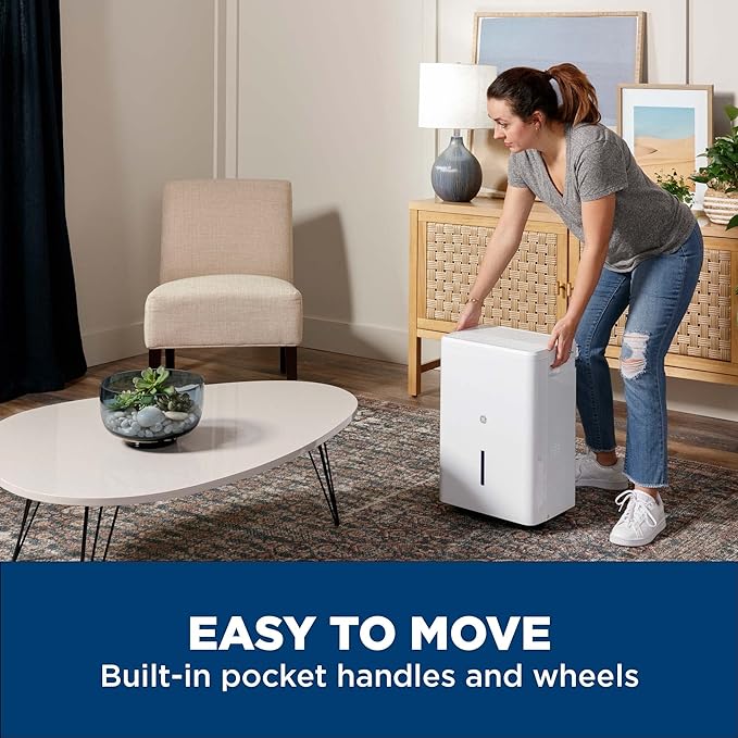 GE Portable Dehumidifier 25 Pint, Perfect for Bedroom, Basement & Garage or Rooms up to 1500 Sq Ft, Ideal for High Humidity Areas, Complete with Empty Bucket Alarm & Clean Filter Alert
