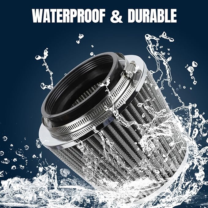 Hovom Universal Clamp-On Air Intake Filter, 76 89 102MM (3/3.5/4in) High Flow Round Tapered Cold Air Intake Filter, High Performance, Washable & Reusable, Engine Filters Replacement (Silver)
