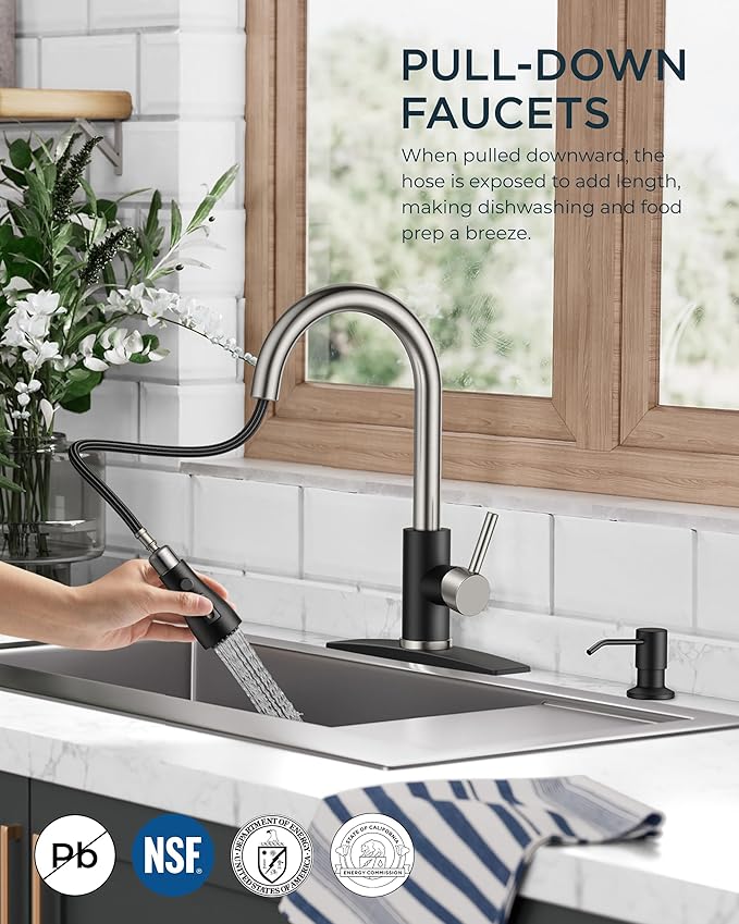 FORIOUS Kitchen Faucets with Soap Dispenser and Pull Down Sprayer, Bar High Arc Single Handle Classic 3 Modes Stainless Steel Faucet for Kitchen Sink Farmhouse RV Laundry Camper, Black Brushed