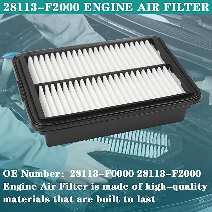 28113-F2000 Engine Air Filter - Compatible with 2017-2022 Hyundai Elantra/Elantra GT, Kona, Veloster/N, Kia Forte/Forte5, Soul 1.4L, 1.6L, 2.0L - Replaces #28113-F0000