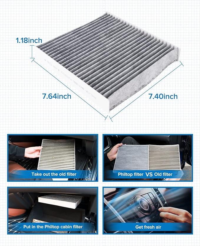 PHILTOP Cabin Air Filter w/Activated Carbon, Compatible with CF11924 Fiat 500 2012-2019, Filter Up Dust Pollen Odor