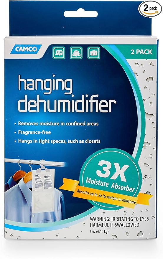 Camco 44286 Fragrance Free Hanging Dehumidifier-Convenient Hook Absorbs up to 3x Its Weight in Water, Reduces Moisture and Humidity in Closets and Tightly Confined Spaces, 2 Pack