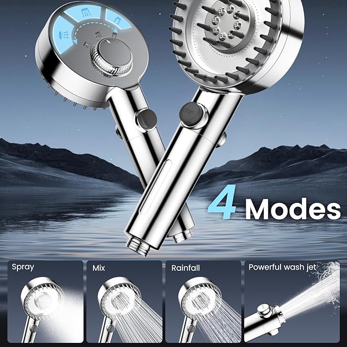 Filtered Shower Head with Handheld, High Pressure 4 Spray Mode Showerhead with Filters, Water Softener Beads for Hard Water with ON/OFF Switch for Pets - Remove Chlorine (Chrome, 5 Inch Panel)