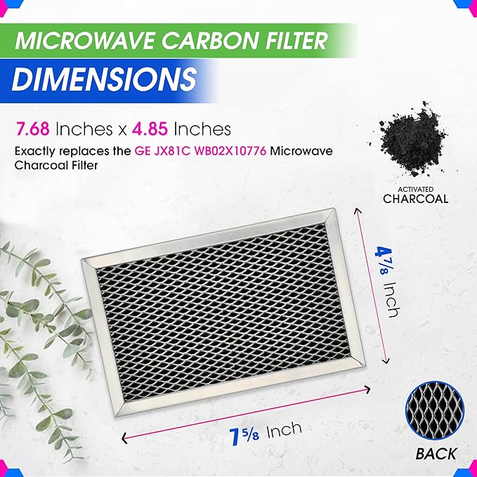 Microwave Filter Replacement 7.68" x 4.85" JX81C WB02X10776 GE Microwave Charcoal Filter - Also Fits LG Kenmore Carbon Filter - Freshens and Filters Kitchen Air in Over the Range Oven Vent Fan 2-Pack