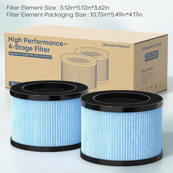 2-Pack VOOPNU JH12 Replacement Filter, 4-Stage H13 True HEPA&Efficiency Activated Carbon, for up to 99.97% of Pet Hair, Smoke, Harmful Particles and Common Household Pollutants, Stander Version, Blue