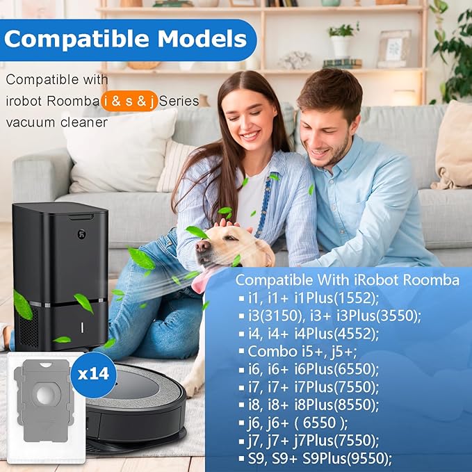 14 Pack Replacement Vacuum Bags Compatible with iRobot Roomba i & s & j Series i7, i7+, i3, i3+, i1+, i4, i4+, i6, i6+, i8, i8+, j6, j6+, j7, j7+, s9+ Combo i5, j5, j8+, j9+ Automatic Dirt Disposal