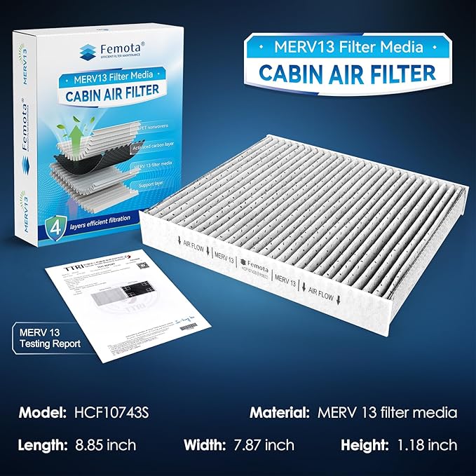 MERV 13 Cabin Air Filter with Activated Carbon, CF10743 for Chrysler Town & Country, Dodge Grand Caravan, Nissan Armada/Titan, G25/G35/M45/QX56