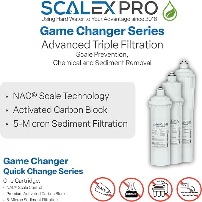 Game Changer 12” Hard Water Scale Prevention Filter – Salt-Free NAC Technology Prevents Scale Up to 26 Grains, Removes Chlorine & Other Common Municipal Water Chemicals, 6,000 Gallons
