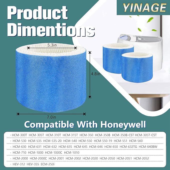 4-Pack Humidifier Wicking Filters Replacement Compatible for Honeywell HAC-504, HAC-504AW, HCM-350, HCM-300T, HCM-600, HCM-710, HCM-315T Series Humidifiers,Blue