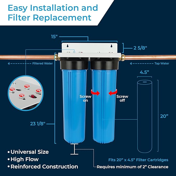 SpiroPure SP-WH200 Advanced 2-Stage Whole House Water Filter, Sediment and Catalytic Carbon Filter Cartridges, Chlorine Reduction for The Home, City or Well Water