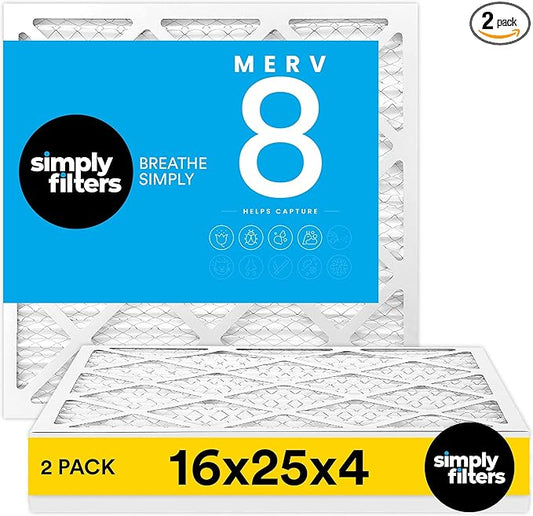 Simply 16x25x4 Air Filter MERV 8, 2 Pack, For Home AC Furnace & HVAC (Actual Size: 15.5"x24.5"x3.63") DUST Pet&Allergy Control