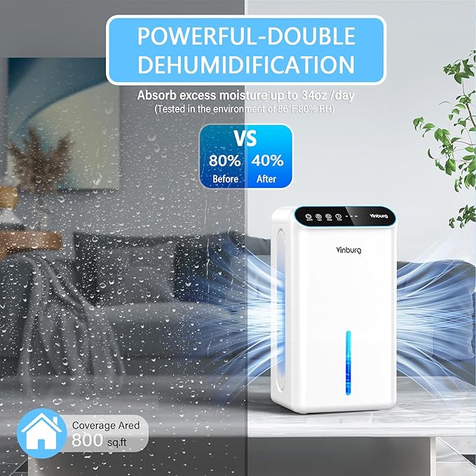 Dehumidifier for Home 1000 sq.ft - Small Quiet Dehumidifier with Auto Shut Off, Aromatherapy, 3 Gear Timer, Sleep Mode, 7-Color LED Light, Drain Hose for Bedroom, Bathroom, Basement, RV(Milky White)