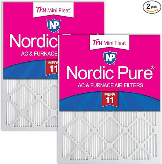 Nordic Pure 25x25x1 (Actual Size: 24 1/2 x 24 1/2 x 3/4) Tru Mini Pleat MERV 11 AC Furnace Air Filters – 2.5X More Media for Extended Durability & Superior Filtration - 2 Pack