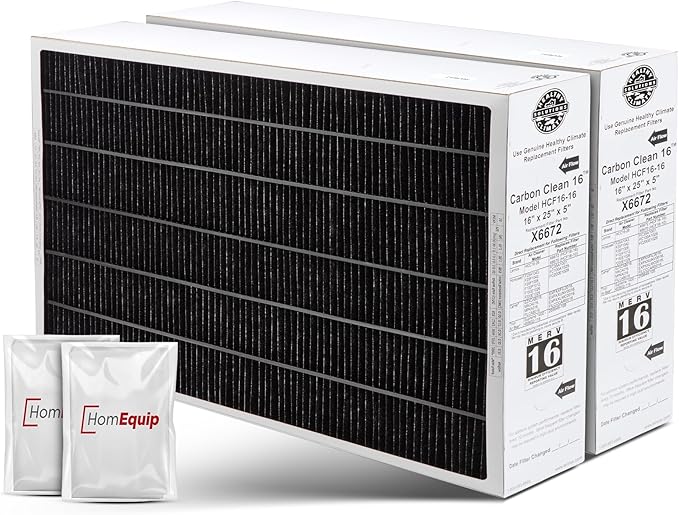 Lennox 16x25x5 Furnace Filter, X6672 Filter Replacement, Merv 16 Carbon Clean with Homequip Disposal Bag 2-Pack (Actual Size: 15.8 x 24.8 x 4.3 Inches)