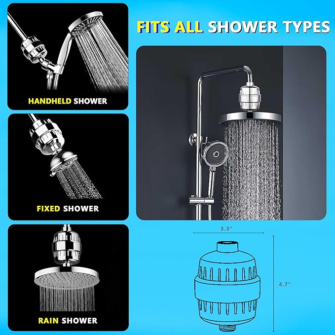 21stage shower filter. Suitable for hard water. Universal high-flow shower head filter removes chlorine, impurities, fluoride, heavy metals and odors Improve your skin, hair and nail condition, chrome