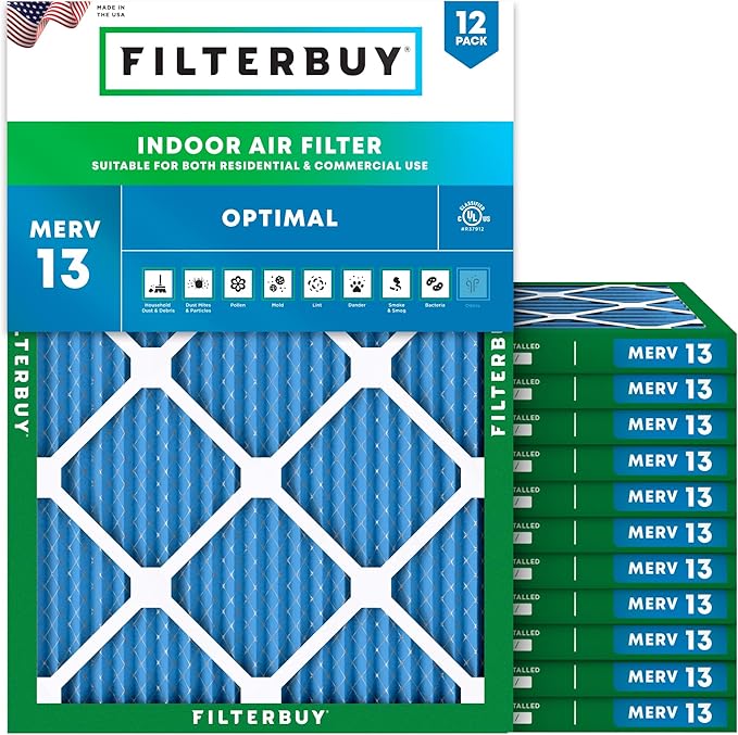Filterbuy 20x22x1 Air Filter MERV 13 Optimal Smoke & Allergy Defense (12-Pack), Electrostatic Pleated HVAC AC Furnace Filters Replacement (Actual Size: 19.50 x 21.50 x 0.75)