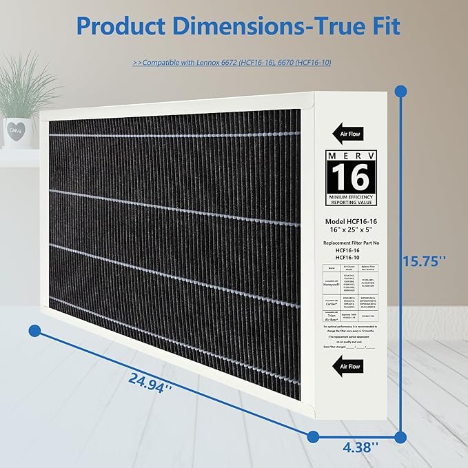 1 Pack X6672 16x25x5 MERV 16 Filter Compatible with Lennox X6672, HCC16-28 Healthy Climate Clean MERV 16 Home Furnace Filter for HVAC System, Part Number HCF16-16, HCF16-10