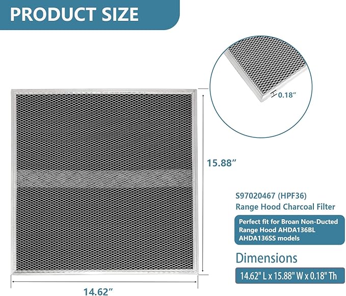 S97020467 HPF36 Type Xd Range Hood Charcoal Filter Replacement For Broan Non-Ducted Range Hood BCDF1 CLDA1 Series AHDA136BL AHDA136SS BCDF136SS 14.62" x 15.88" x 0.18" Replaces S97020467 2 Pack