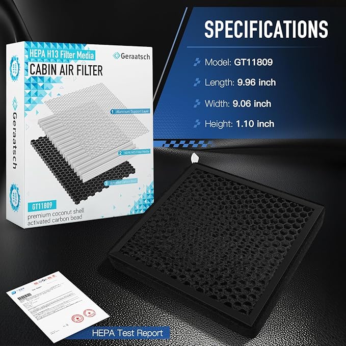 HEPA Cabin Air Filter with Activated Carbon Bean, Tested 99.95% Filtration, Zero deformation, CF11809 for Cadillac Escalade; Chevrolet Silverado, Suburban, Tahoe; GMC Sierra, Yukon, Yukon XL