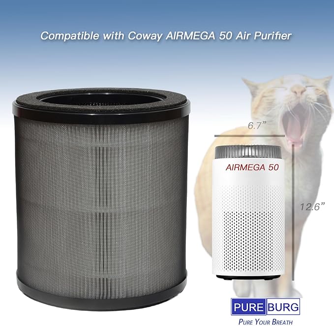PUREBURG Replacement Filter Compatible with Coway AIRMEGA 50 Air Purifier,2-Pack H13 HEPA Activated Carbon 3-Stage Filtration Air Clean Dust VOCs Odor