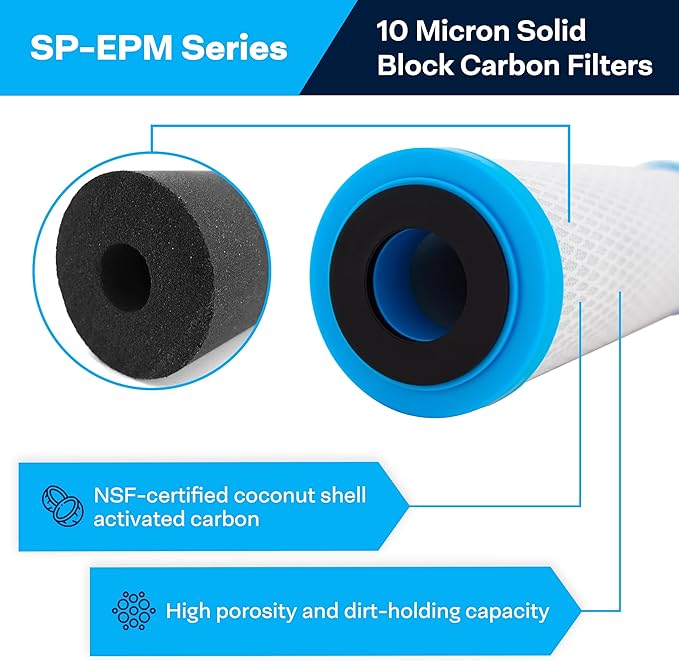 SpiroPure SP-EPM-30 30x2.5 10 Micron NSF Certified Coconut Shell Carbon Block Water Filter Cartridge CFB-30 255673-43 (Case of 6)