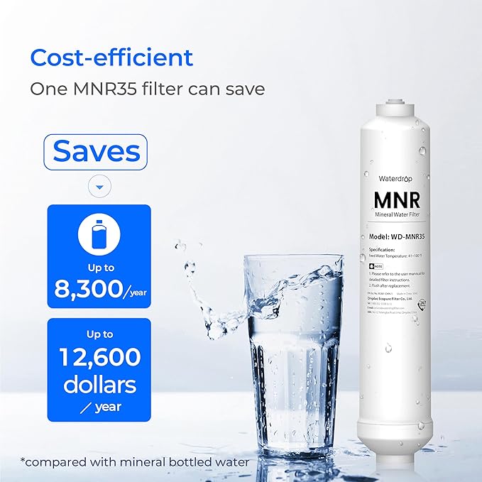 Waterdrop MNR35 Remineralization Filter, 1/4" Quick Connect Mineral Filter for Reverse Osmosis System, Restore Essential Minerals for RO System, RO Mineral, Under Sink Water Filtration