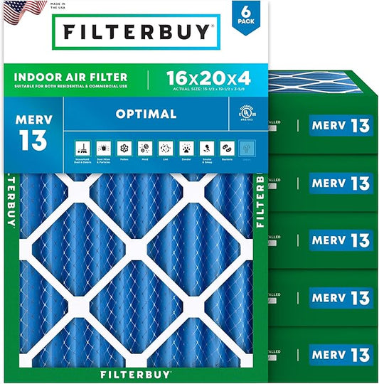 Filterbuy 16x20x4 Air Filter MERV 13 Optimal Smoke & Allergy Defense (6-Pack), Electrostatic Pleated HVAC AC Furnace Filters Replacement (Actual Size: 15.50 x 19.50 x 3.63)